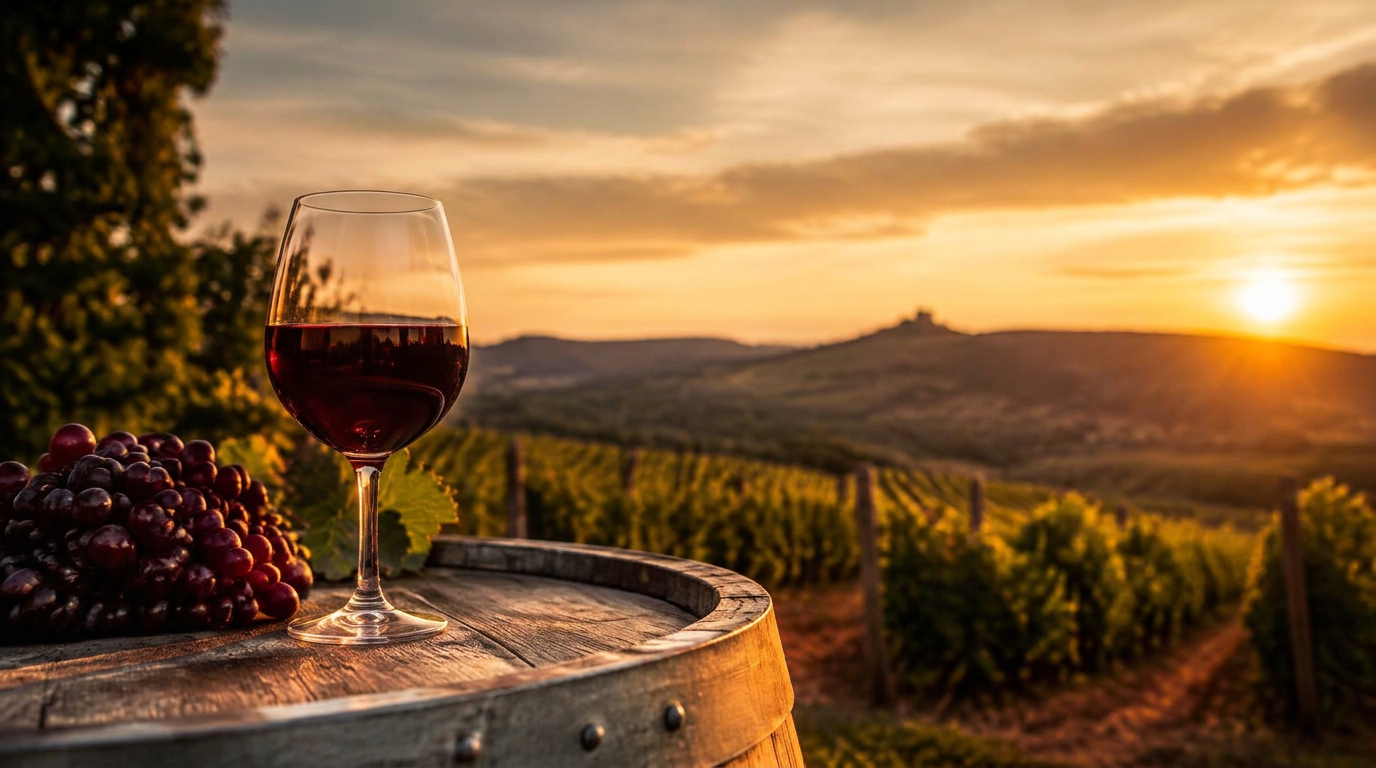 Glass of red wine on a barrel overlooking a vineyard at sunset